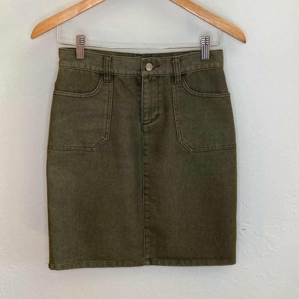 Vintage Y2K Espirit Above Knee Length Denim Pencil Skirt- Olive Green-Women Sz 0